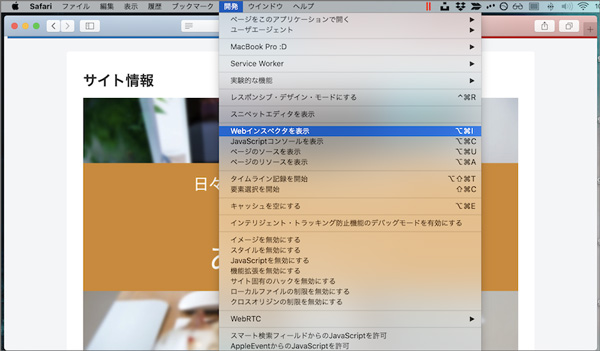 「Webインスペクタを表示」を選択